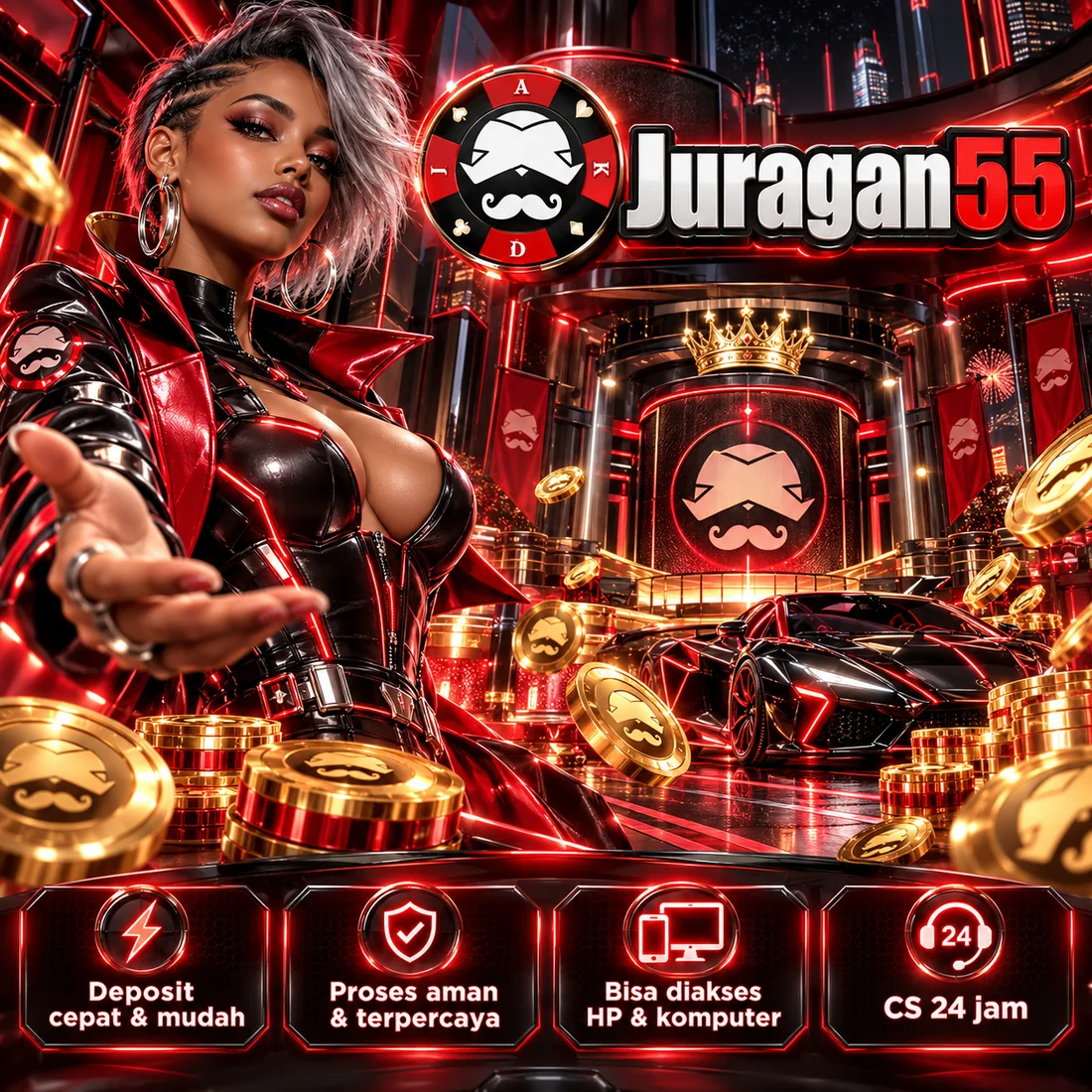 Banner JURAGAN55 Review menampilkan tema merah dan hitam